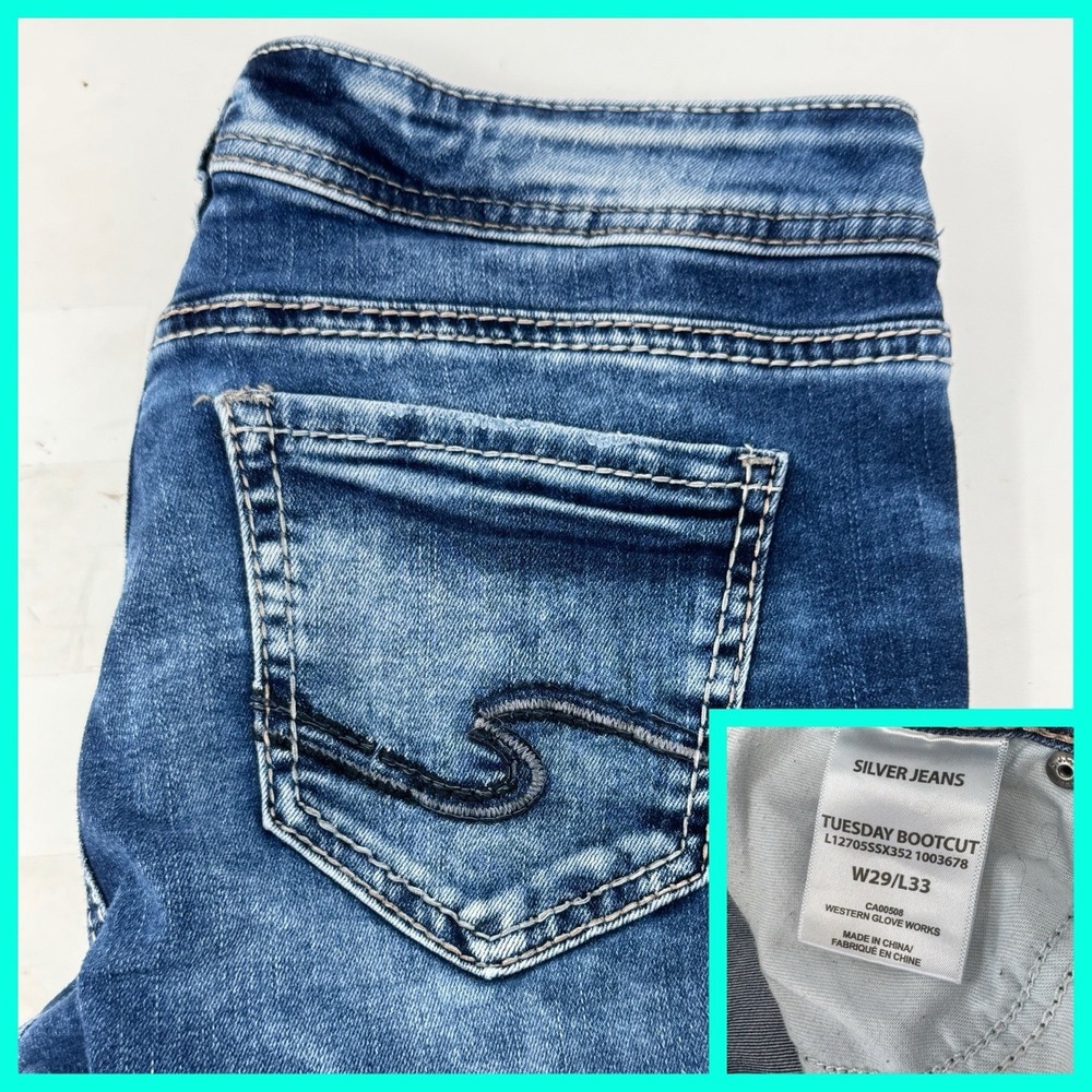 Silver Jeans Tuesday Bootcut Womens W29 L33 Blue‎ Wash Distressed Denim Jeans